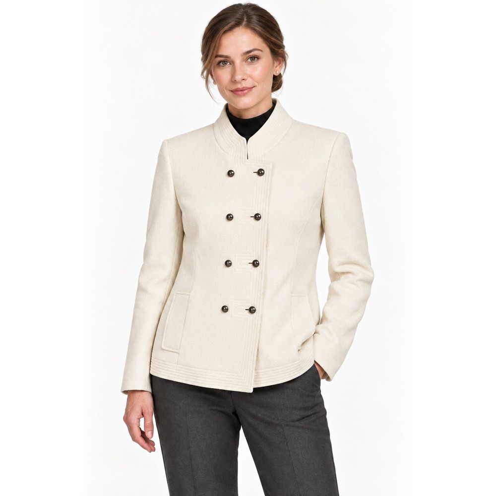 Wool Blend Military‎ Jacket Womens Petite 12P Ivory Double Breasted Old Money